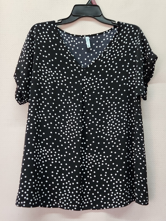 quezhu Tops - Polka Dot V-Neck Short Sleeve Top - Black/White